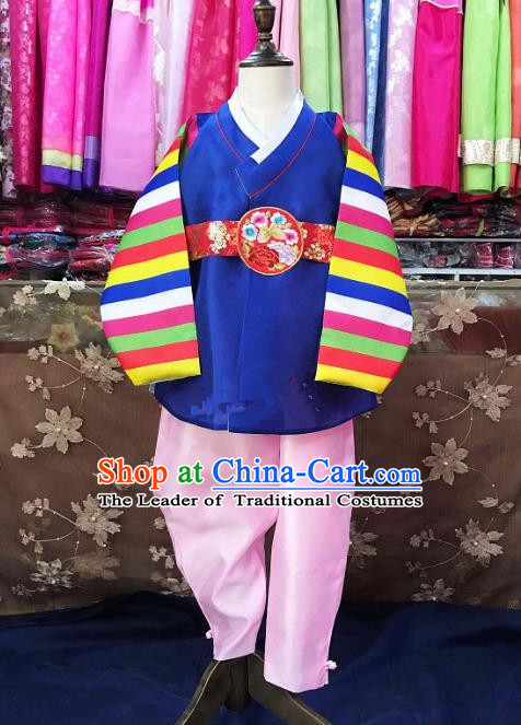 Traditional South Korean Handmade Hanbok Children Navy Birthday Clothing, Top Grade Korea Hanbok Costume Complete Set for Boys