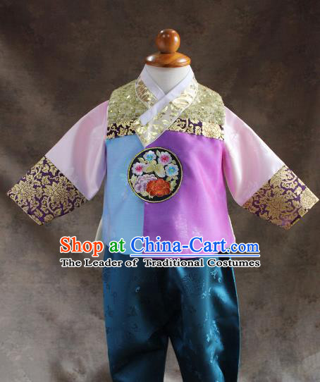 Traditional South Korean Handmade Hanbok Children Little Boys Birthday Customization Embroidery Rosy Vest Shirt and Pants, Top Grade Korea Hanbok Costume Complete Set for Kids