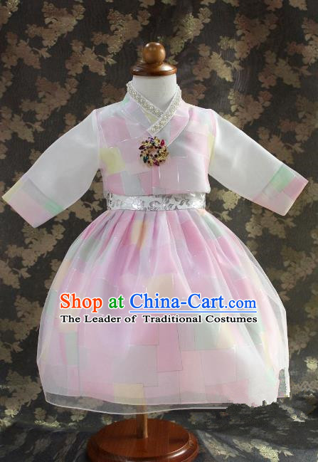 Traditional South Korean Handmade Hanbok Children Little Princess Birthday Customization Pink Dress Complete Set, Top Grade Korea Royal Hanbok Costume for Kids