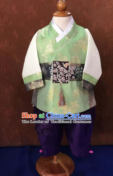 Traditional South Korean Handmade Hanbok Children Baby Birthday Customization Green Clothing, Top Grade Korea Hanbok Costume Complete Set for Boys