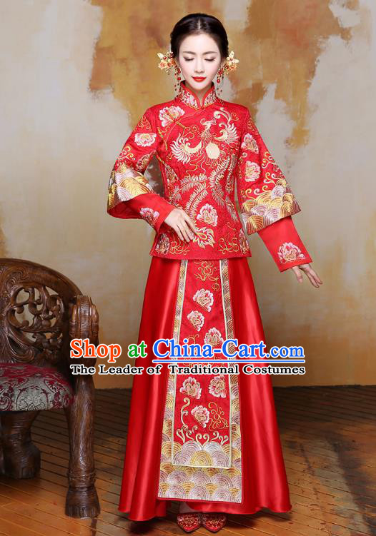 Traditional Ancient Chinese Wedding Costume Handmade XiuHe Suits Embroidery Phoenix Peony Bride Toast Cheongsam Dress, Chinese Style Hanfu Wedding Clothing for Women