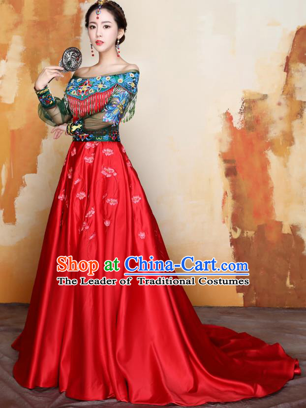 Traditional Ancient Chinese Wedding Costume Handmade XiuHe Suits Embroidery Peony Off Shoulder Dress Bride Toast Cheongsam, Chinese Style Hanfu Wedding Clothing for Women