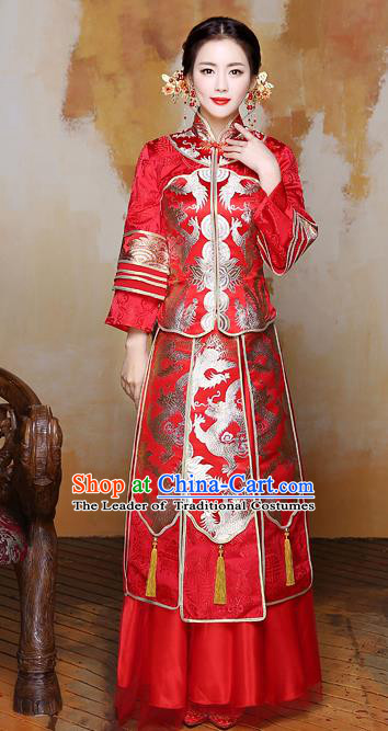 Traditional Ancient Chinese Wedding Costume Handmade Delicacy Embroidery Phoenix Dress Xiuhe Suits, Chinese Style Wedding Flown Bride Toast Cheongsam for Women