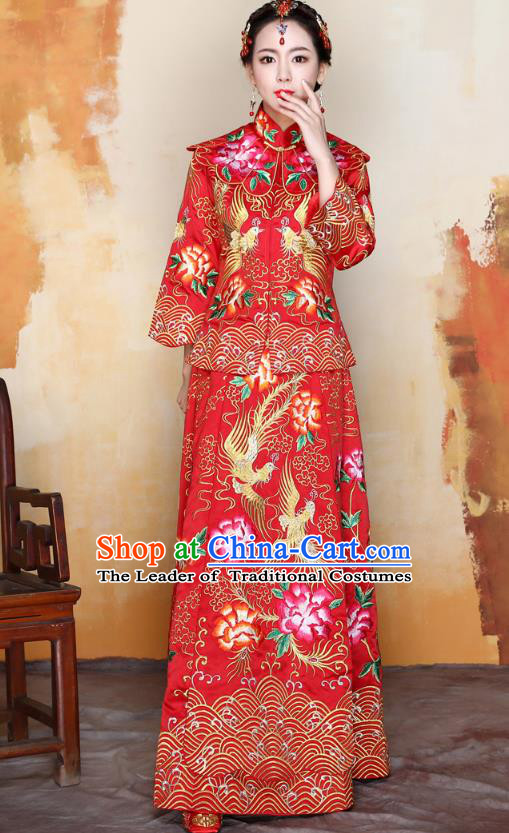 Traditional Ancient Chinese Wedding Costume Handmade Delicacy Embroidery Peony XiuHe Suits, Chinese Style Hanfu Wedding Bride Toast Cheongsam for Women