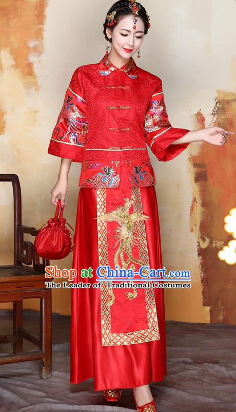 Traditional Ancient Chinese Wedding Costume Handmade Delicacy Embroidery Phoenix Middle Sleeve XiuHe Suits, Chinese Style Hanfu Wedding Toast Cheongsam for Women