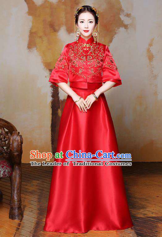 Traditional Ancient Chinese Wedding Costume Handmade Delicacy Embroidery XiuHe Suits Longfeng Flown, Chinese Style Hanfu Wedding Toast Cheongsam for Women