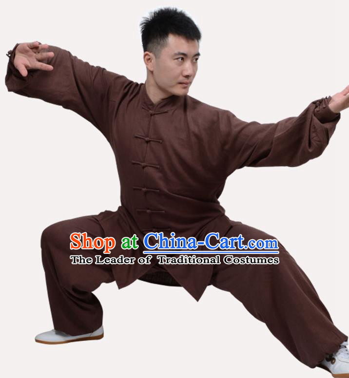 Top Grade Linen Martial Arts Costume Kung Fu Training Clothing, Tai Ji Embroidery Deep Brown Uniform Gongfu Wushu Costume for Women for Men