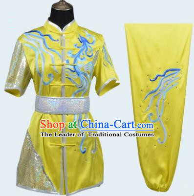 Top Grade Martial Arts Costume Kung Fu Training Embroidery Yellow Clothing, Long Fist Tai Ji Uniform Gongfu Wushu Costume for Women for Men