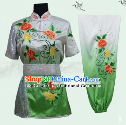 Top Grade Martial Arts Costume Kung Fu Training Long Fist Clothing, Tai Ji Embroidery Peony Green Uniform Gongfu Wushu Costume for Women