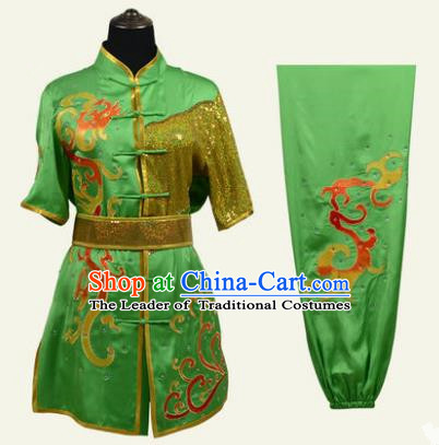 Top Grade Martial Arts Costume Kung Fu Training Clothing, Tai Ji Embroidery Long Fist Green Uniform Gongfu Wushu Costume for Women for Men