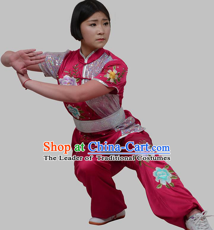 Top Grade China Martial Arts Costume Kung Fu Training Embroidery Peony Clothing, Chinese Embroidery Tai Ji Rosy Uniform Gongfu Wushu Costume for Women