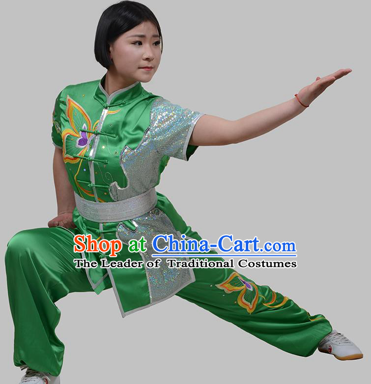 Top Grade China Martial Arts Costume Kung Fu Training Embroidery Butterfly Clothing, Chinese Embroidery Tai Ji Green Uniform Gongfu Wushu Costume for Women