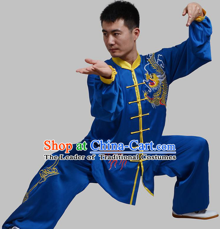 Top Grade China Martial Arts Costume Kung Fu Training Embroidery Blue Clothing, Chinese Embroidery Dragon Tai Ji Uniform Gongfu Wushu Costume for Men