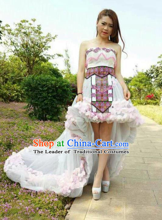 Traditional Chinese Miao Nationality Costume and Headwear, Hmong Folk Dance Ethnic Beads Tassel White Dress, Chinese Minority Nationality Embroidery Clothing for Women