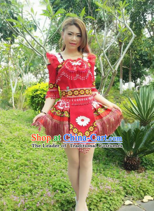 Traditional Chinese Miao Nationality Wedding Costume, Hmong Folk Dance Ethnic Red Tassel Short Pleated Skirt, Chinese Minority Nationality Embroidery Clothing for Women