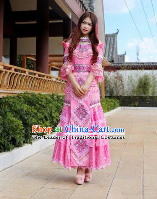 Traditional Chinese Miao Nationality Wedding Costume Embroidered Pink Tassel Long Pleated Skirt and Hat, Hmong Folk Dance Ethnic Chinese Minority Nationality Embroidery Clothing for Women