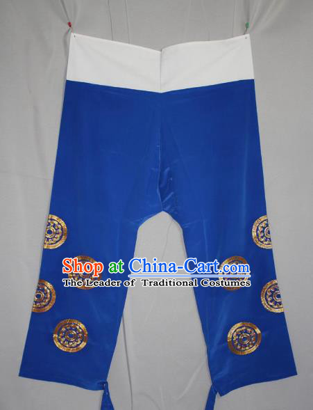 Traditional China Beijing Opera Takefu Costume Blue Pants, Ancient Chinese Peking Opera Wu-Sheng Warrior Embroidery Trousers Clothing