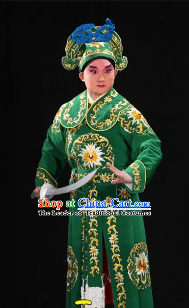 Traditional China Beijing Opera Takefu General Green Costume and Boots, Ancient Chinese Peking Opera Wu-Sheng Warrior Embroidery Yellow Clothing