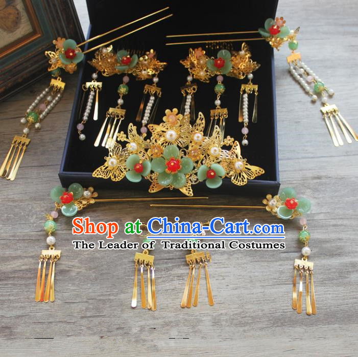 Traditional Handmade Chinese Ancient Classical Hair Accessories Barrettes Xiuhe Suit Green Flowers Phoenix Coronet Complete Set, Tassel Step Shake Hanfu Hair Fascinators for Women