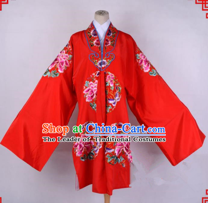 Top Grade Professional Beijing Opera Palace Lady Costume Hua Tan Red Embroidered Cape, Traditional Ancient Chinese Peking Opera Diva Wedding Embroidery Clothing