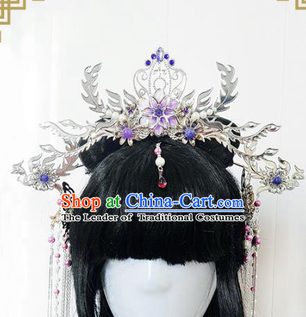 Traditional Handmade Chinese Ancient Classical Wedding Hair Accessories Bride Purple Phoenix Coronet Complete Set, Hanfu Hair Jewellery Hair Fascinators for Women