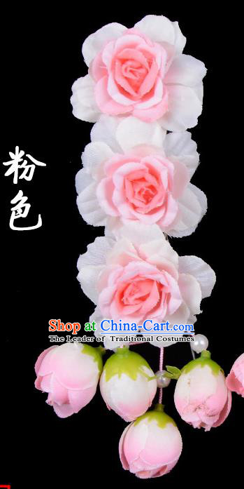 Traditional Beijing Opera Diva Red Hair Accessories Light Pink Flowers Temples Hairpin, Ancient Chinese Peking Opera Tassel Step Shake Hua Tan Hairpins Headwear