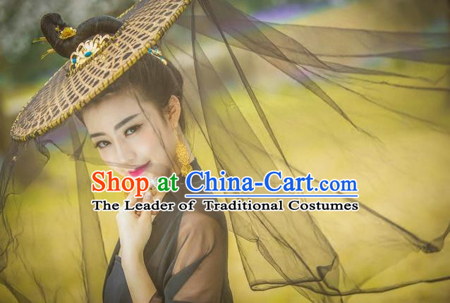 Traditional Handmade Chinese Ancient Swordswoman Black Veil Hat Accessories, China Hanfu Chivalrous Women Bamboo Hat