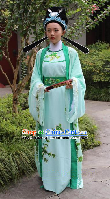 Top Grade Professional Beijing Opera Niche Costume Gifted Scholar Green Embroidered Robe, Traditional Ancient Chinese Peking Opera Embroidery Gwanbok Clothing