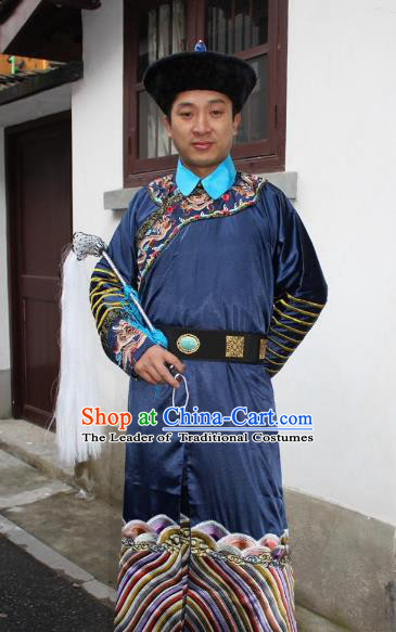 Top Grade Professional Beijing Opera Costume Qing Dynasty County Magistrate Navy Embroidered Robe, Traditional Ancient Chinese Peking Opera Manchu Minister Embroidery Gwanbok Clothing