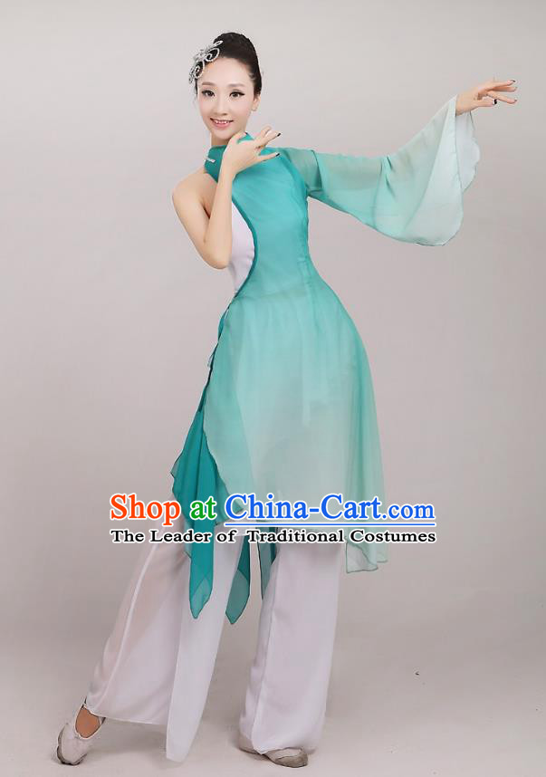 Traditional Chinese Folk Dance Costume Yangge Dance Green Chiffon Uniform, Chinese Classical Fan Dance Umbrella Dance Yangko Embroidery Clothing for Women