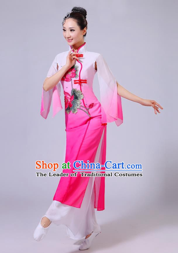 Traditional Chinese Folk Dance Costume Yangge Dance Printing Lotus Pink Uniform, Chinese Classical Fan Dance Umbrella Dance Yangko Clothing for Women