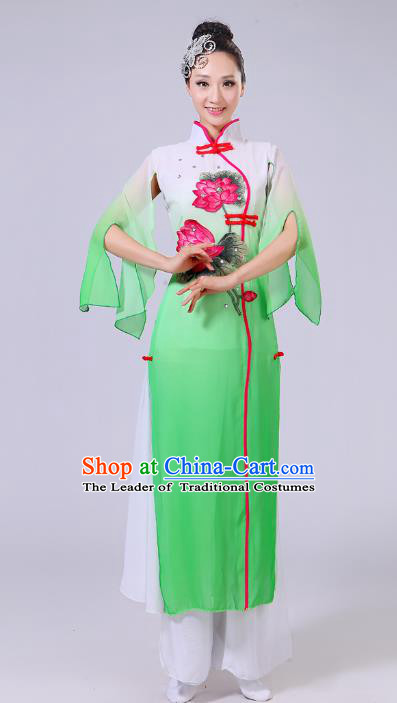 Traditional Chinese Classical Dance Yangge Fan Dance Costume, Chinese Classical Umbrella Dance Green Uniform Yangko Clothing for Women