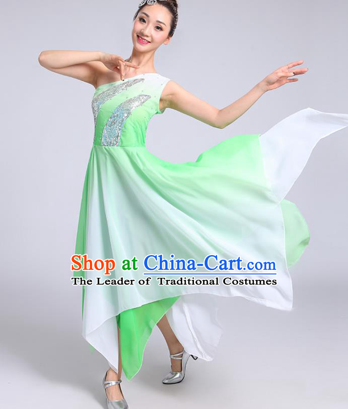 Traditional Chinese Modern Dance Yangge Fan Dance Costume, Chinese Classical Umbrella Dance Green Dress Yangko Embroidery Clothing for Women