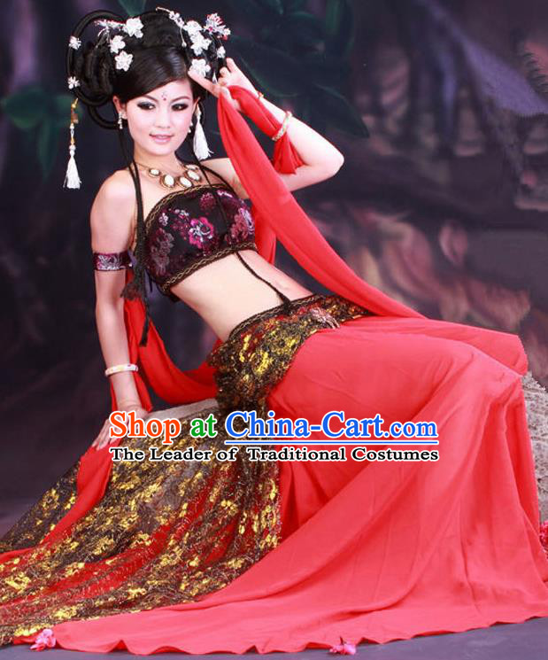 Traditional Ancient Chinese Dunhuang Flying Apsaras Dance Red Costume, Elegant Hanfu Clothing Chinese Palace Lady Fairy Clothing for Women