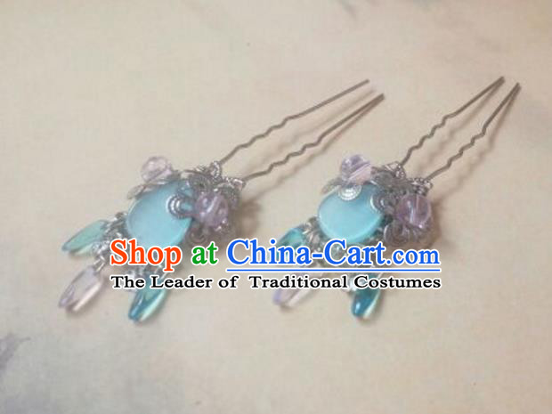 Traditional Chinese Ancient Classical Handmade Hair Accessories Blue Hairpin, Hanfu Hair Stick Hair Fascinators Hairpins for Women