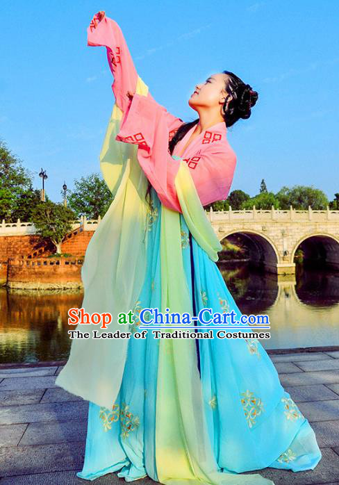 Traditional Chinese Tang Dynasty Palace Lady Costume Blue Slip Skirt, Elegant Hanfu Chinese Imperial Princess Embroidered Clothing for Women