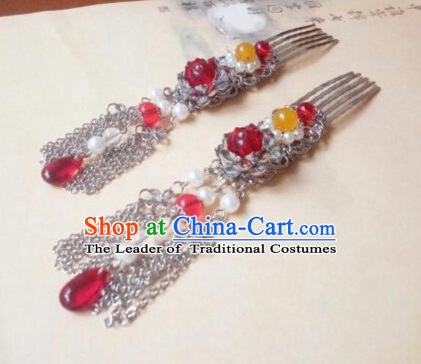 Traditional Chinese Ancient Classical Handmade Palace Princess Red Bead Hair Comb Hair Accessories, Hanfu Hair Stick Hair Fascinators Hairpins for Women