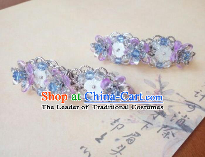 Traditional Handmade Chinese Ancient Classical Hanfu Hair Accessories Blue Oriental Cherry Hair Claw, Princess Hairpins Hair Stick Headwear for Women