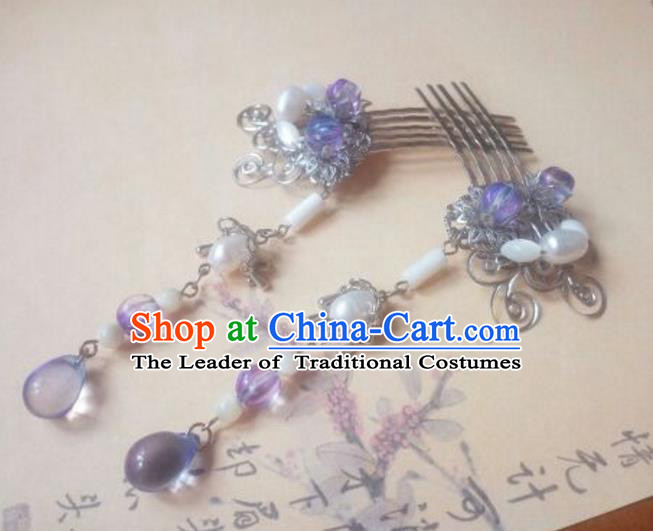 Traditional Handmade Chinese Ancient Classical Hanfu Hair Accessories Palace Lady Purple Tassel Step Shake, Princess Hairpins Hair Comb Headwear for Women