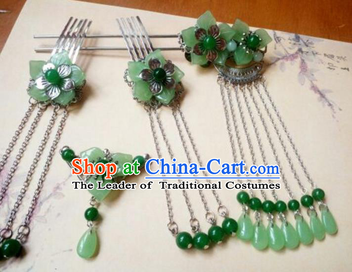 Traditional Handmade Chinese Ancient Classical Hair Accessories Green Jade Tassel Hairpin Complete Set Headwear Hair Stick for Women