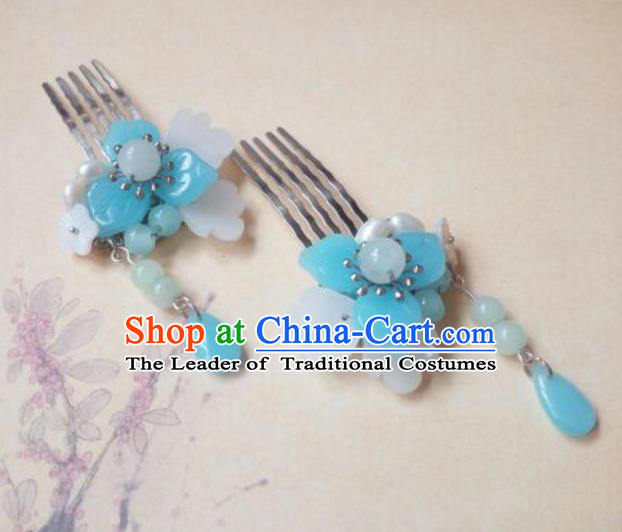 Traditional Handmade Chinese Ancient Classical Hair Accessories Tassel Hairpin Blue Beads Hair Comb Headwear Hair Stick for Women