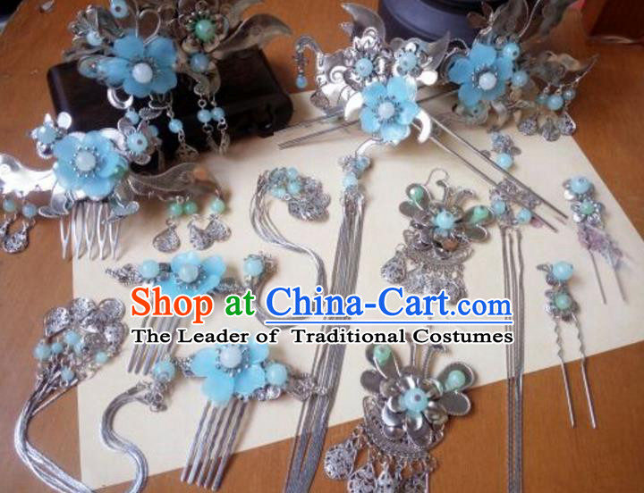 Traditional Handmade Chinese Ancient Classical Hair Accessories Hairpins Complete Set Blue Flower Tassel Hair Comb for Women