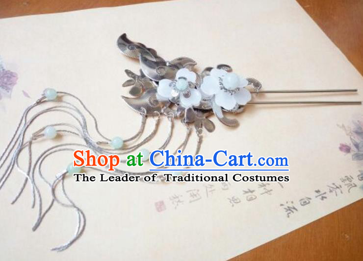 Traditional Handmade Chinese Ancient Classical Hair Accessories White Jade Hairpins Tassel Step Shake for Women