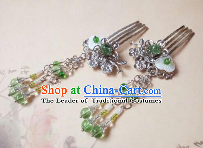 Traditional Handmade Chinese Ancient Classical Hanfu Hair Accessories, Princess Tassel Hairpins Green Beads Hair Comb Headwear for Women