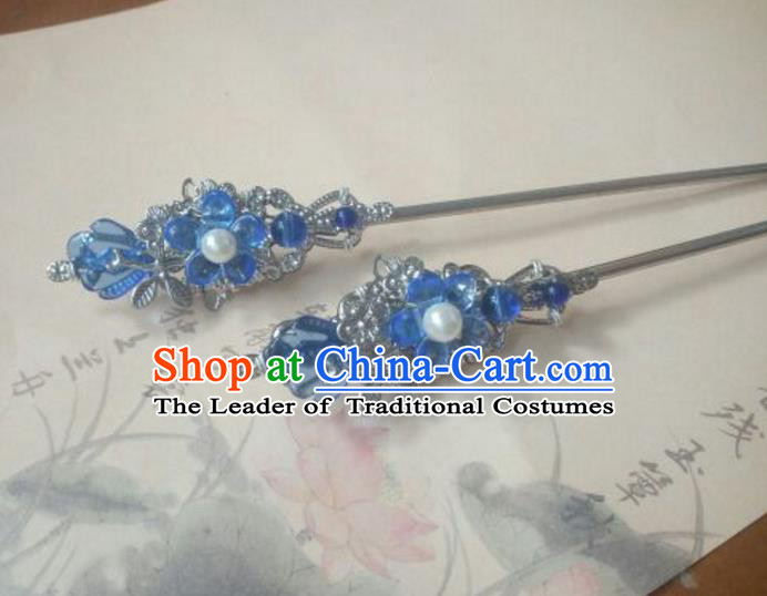 Traditional Handmade Chinese Ancient Classical Hanfu Hair Accessories Princess Palace Lady Blue Flower Hairpins Hair Stick for Women