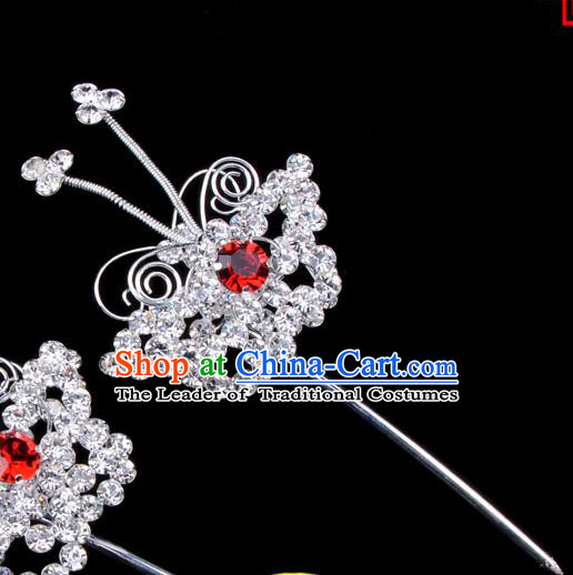 Traditional Beijing Opera Diva Hair Accessories Red Crystal Butterfly Head Ornaments Hairpins, Ancient Chinese Peking Opera Hua Tan Hair Stick Headwear