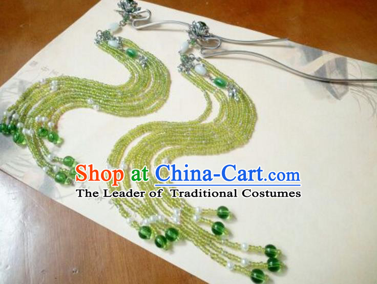 Traditional Handmade Chinese Ancient Classical Hanfu Hair Accessories Tassel Hairpins, Princess Palace Lady Green Step Shake for Women