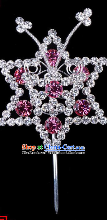 Traditional Beijing Opera Diva Hair Accessories Pink Crystal Hexagon Head Ornaments Hairpins, Ancient Chinese Peking Opera Hua Tan Hair Stick Headwear