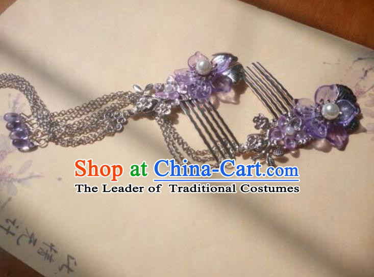 Traditional Handmade Chinese Ancient Classical Hanfu Hair Accessories Hairpins Purple Tassel Hair Comb, Princess Headpiece Palace Lady Hair Stick for Women