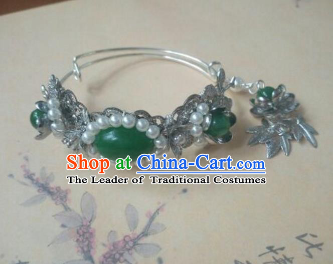 Traditional Handmade Chinese Ancient Classical Hanfu Bracelets, Princess Palace Lady Green Jade Bangle for Women